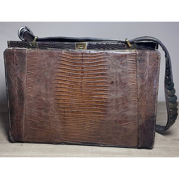 VINTAGE ESCORT BAG GENUINE LIZARD BROWN FRAME HANDBAG SATCHEL Dazzled Strap Moto - Picture 2 of 13